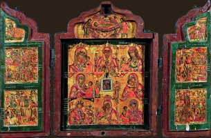Portable folding box with a small medallion icon of the Theotokos Hodegetria, eight images of the Theotokos with the festivals